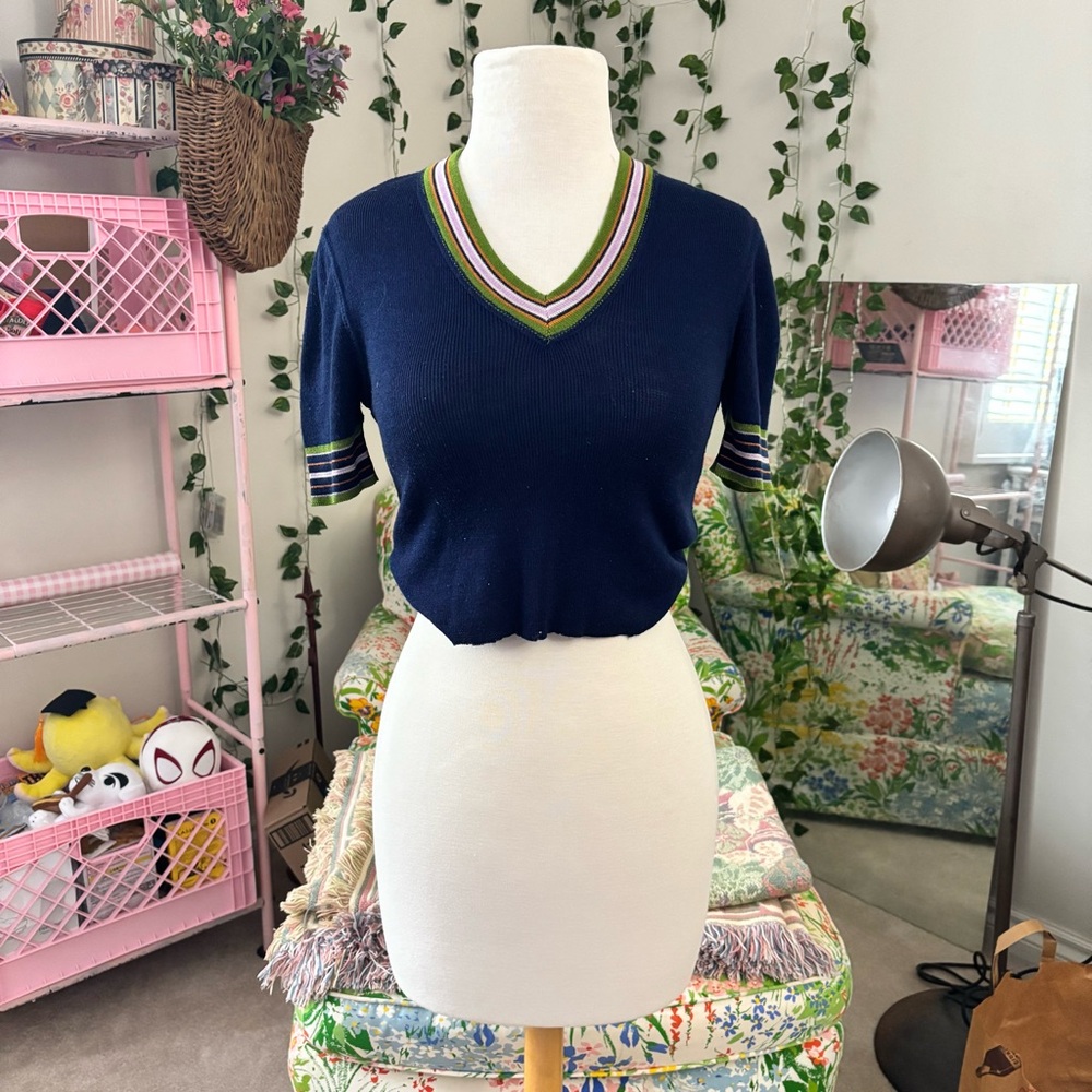 Vintage Sheridane Cropped Knit Top Navy Striped Y2K Preppy Baby Tee Size M